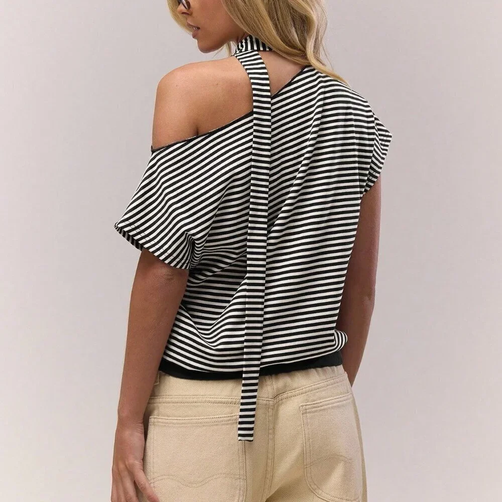 Casual Women's Asymmetrical Neck Slouch Stripe Scarf Detail blouse